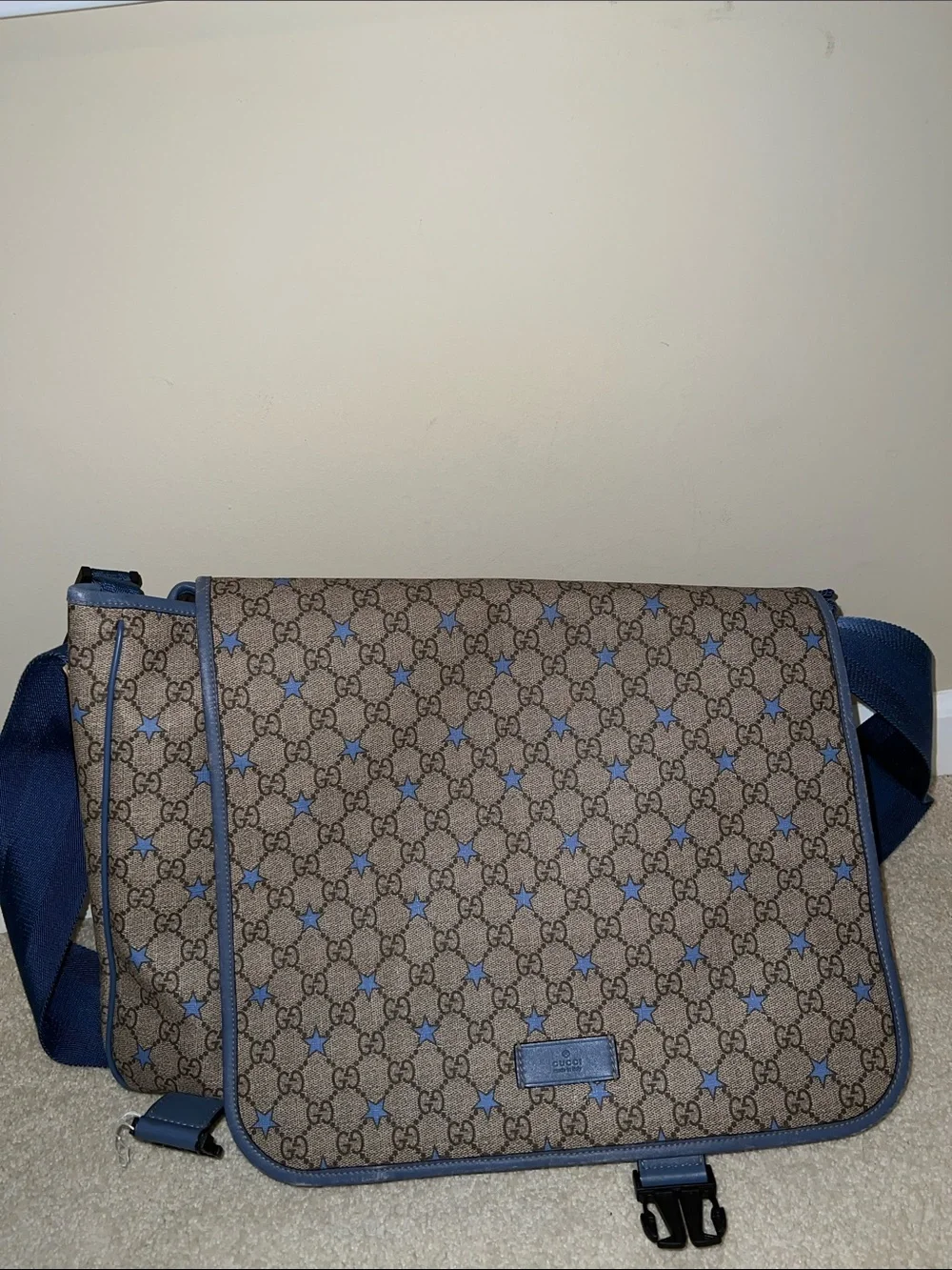Gucci Brown GG Supreme Messenger Bag with Blue Stars